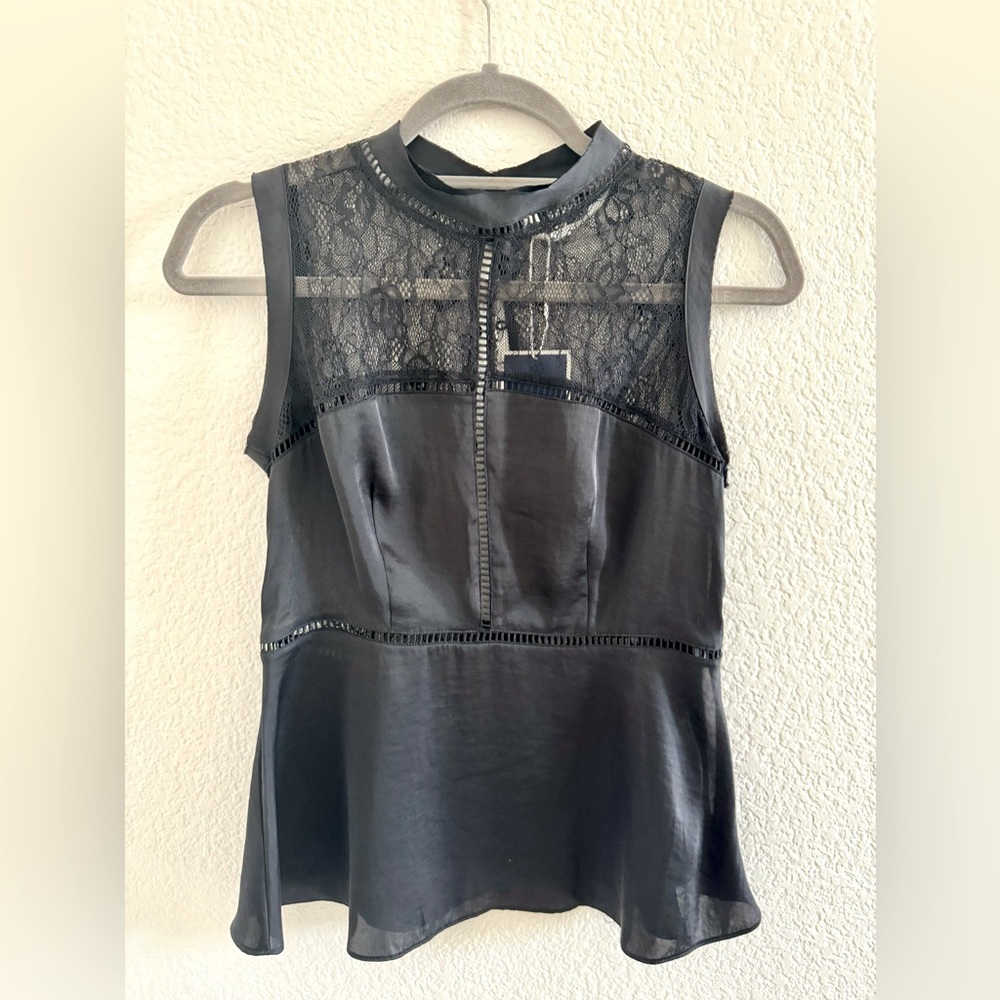 Zara Black Satin Lace Mock High Neck Victorian Peplum Blouse Top Sleeveless S